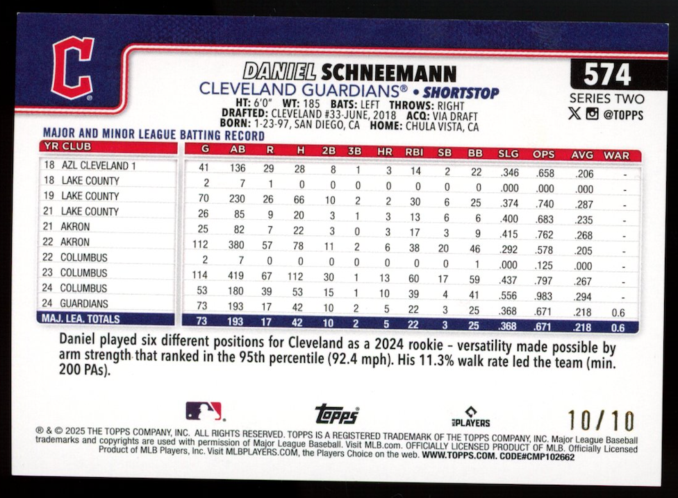 DANIEL SCHNEEMANN 2025 Topps Series 2 Black Foil /10 Rookie #574 Guardians