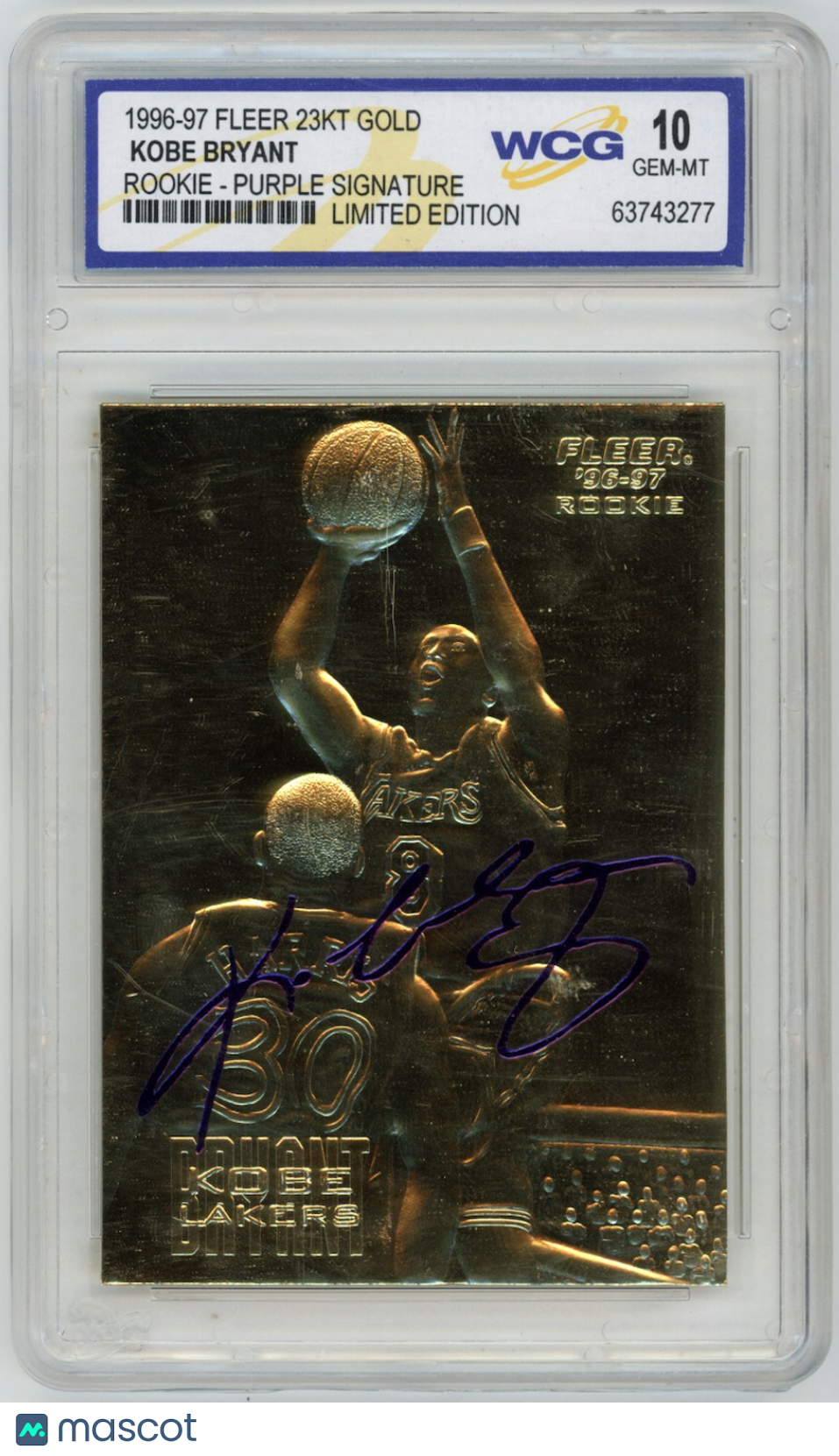 KOBE BRYANT 1996-97 Fleer 23KT Gold Rookie Purple Signature WCG 10 Lakers LE