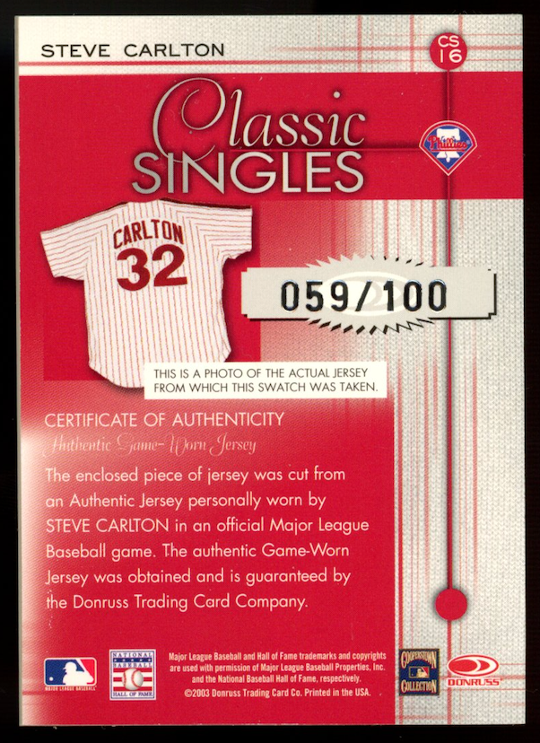 STEVE CARLTON 2003 Donruss Classics Classic Singles Jersey Patch /100 Phillies