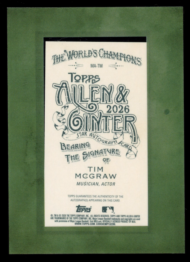 TIM MCGRAW 2026 Topps Allen & Ginter Mini Framed Auto Green /99 #MA-TM