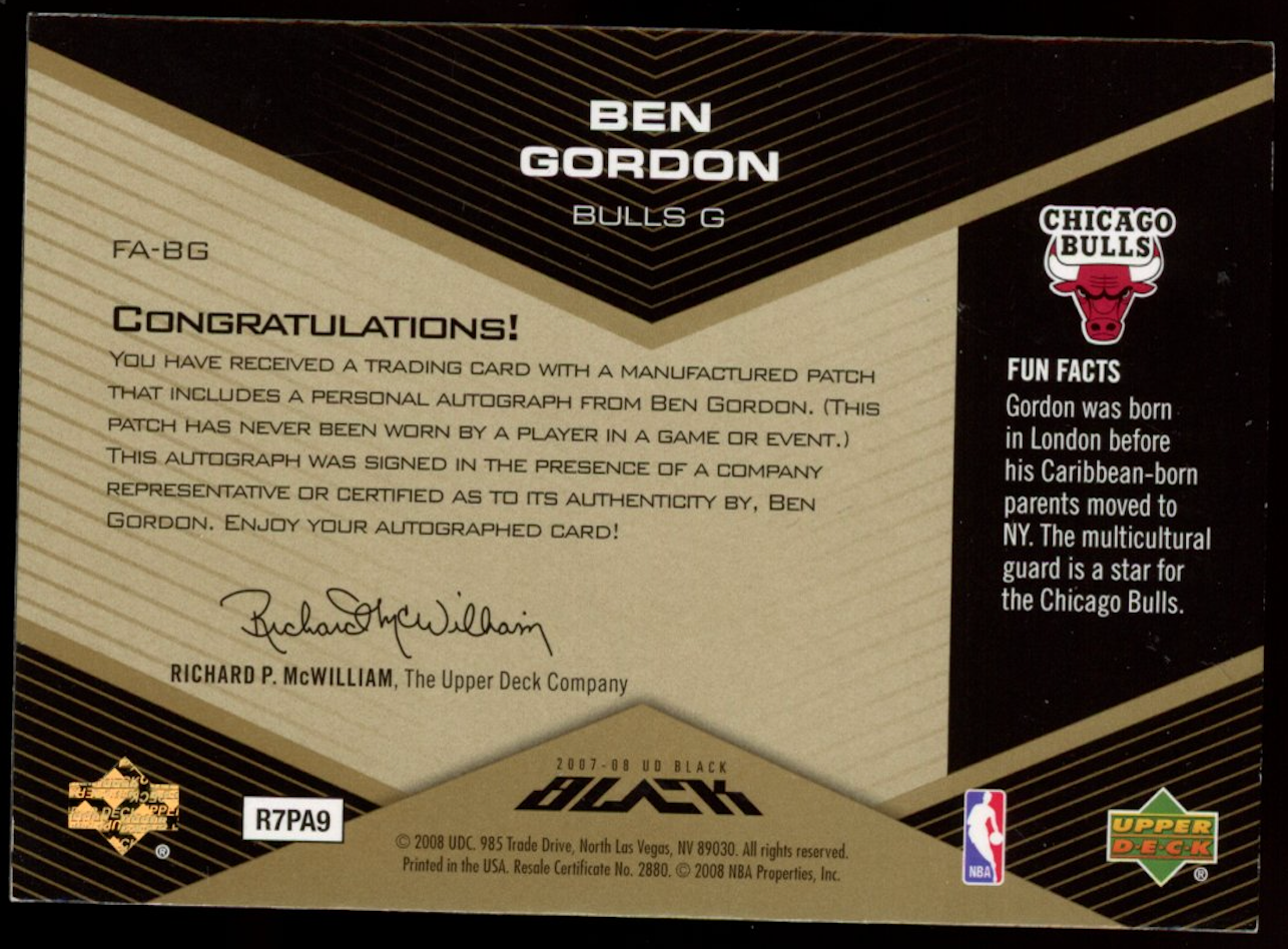 BEN GORDON 2007-08 Upper Deck Black Flag Patch Auto Gold /10 Chicago Bulls