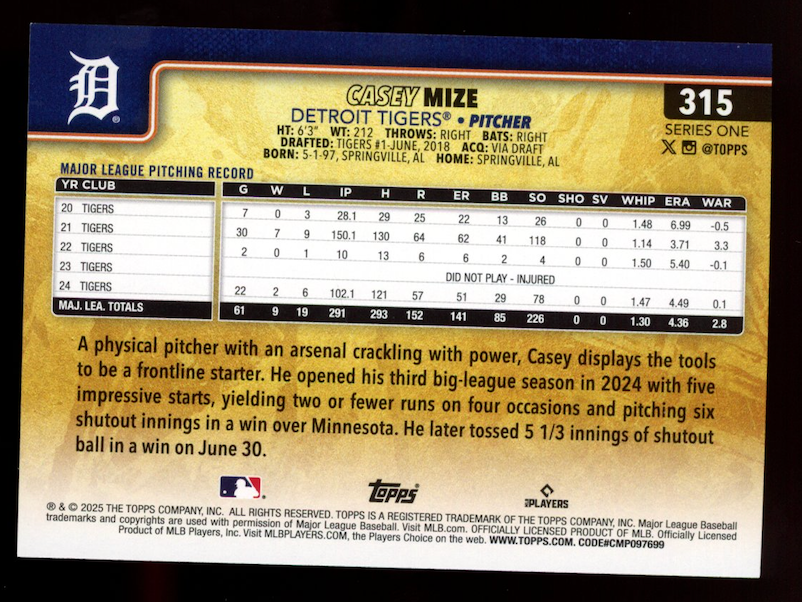 CASEY MIZE 2025 Topps Golden Mirror Image Variation SSP Tigers #315
