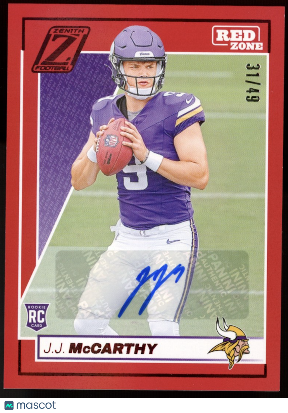 J.J. MCCARTHY 2024 Panini Zenith Red Zone Rookie Auto /49 #135 Vikings