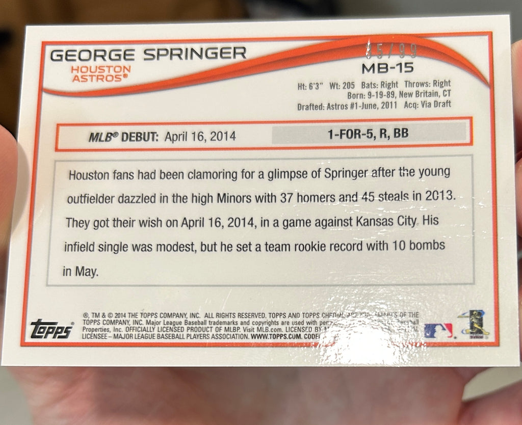 GEORGE SPRINGER 2014 Topps Chrome Update Rookie Black Refractor /99 #MB-15