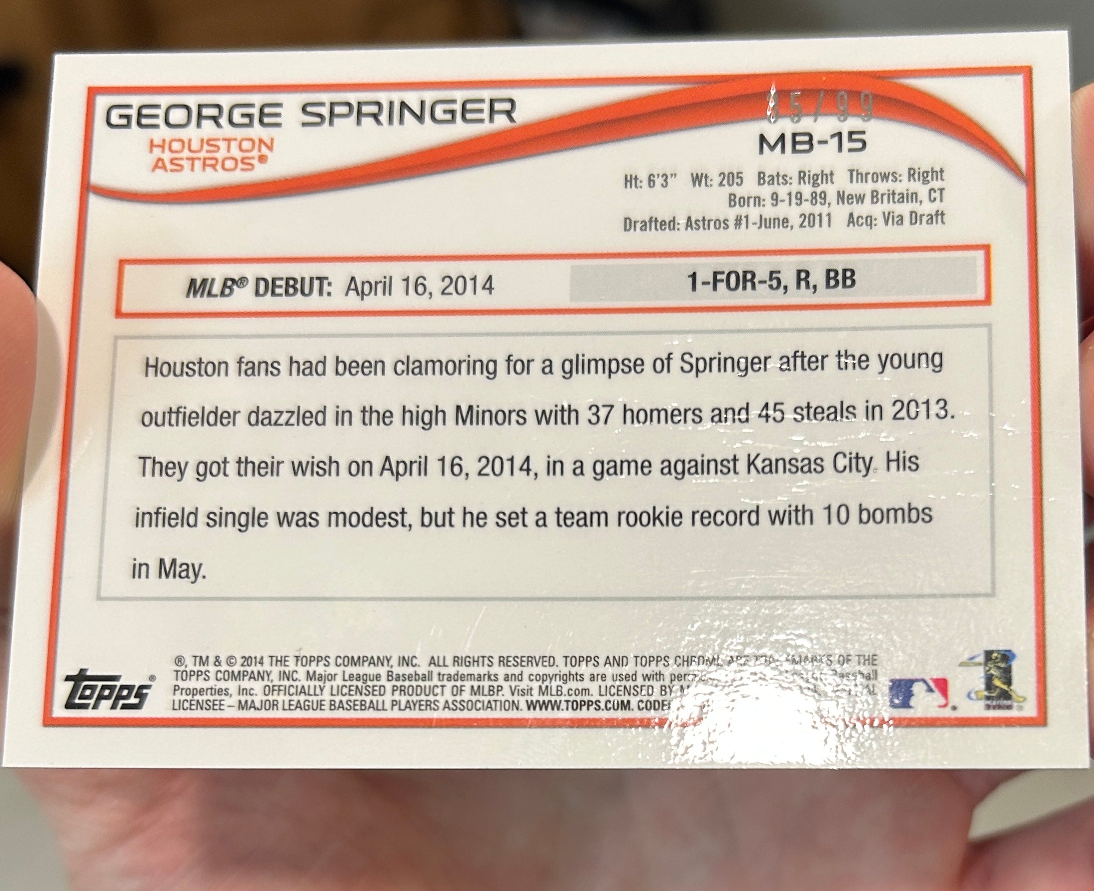 GEORGE SPRINGER 2014 Topps Chrome Update Rookie Black Refractor /99 #MB-15