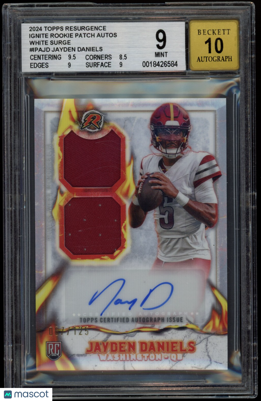 JAYDEN DANIELS 2024 Topps Resurgence Rookie Patch Auto White Surge /125 BGS 9