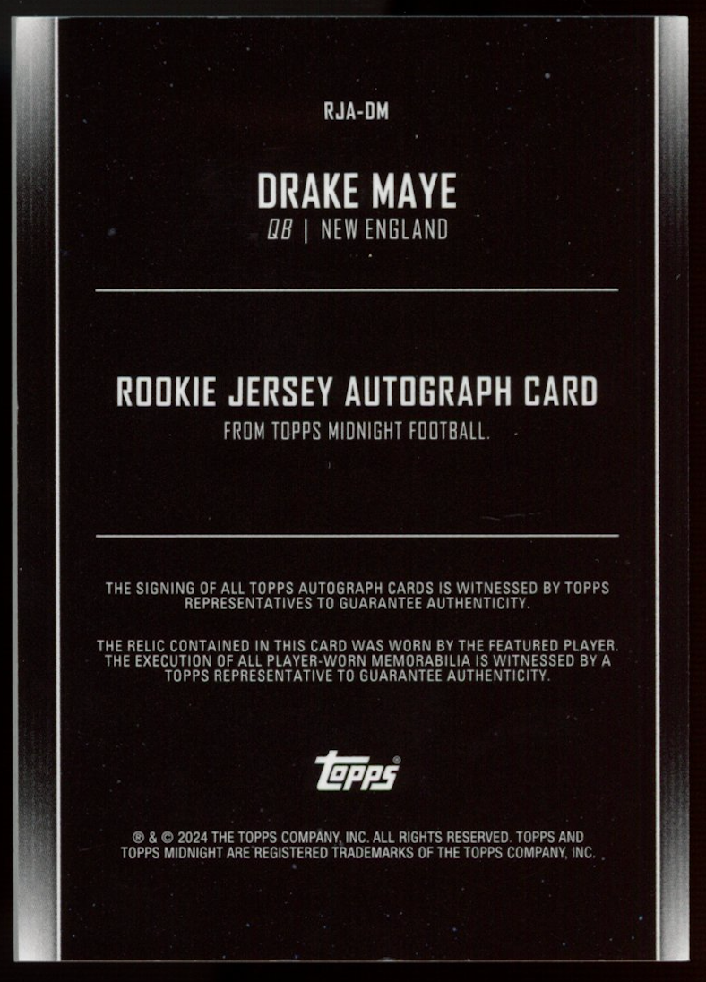 DRAKE MAYE 2024 Topps Midnight Rookie 4 Color Jersey Patch Auto /12 Patriots