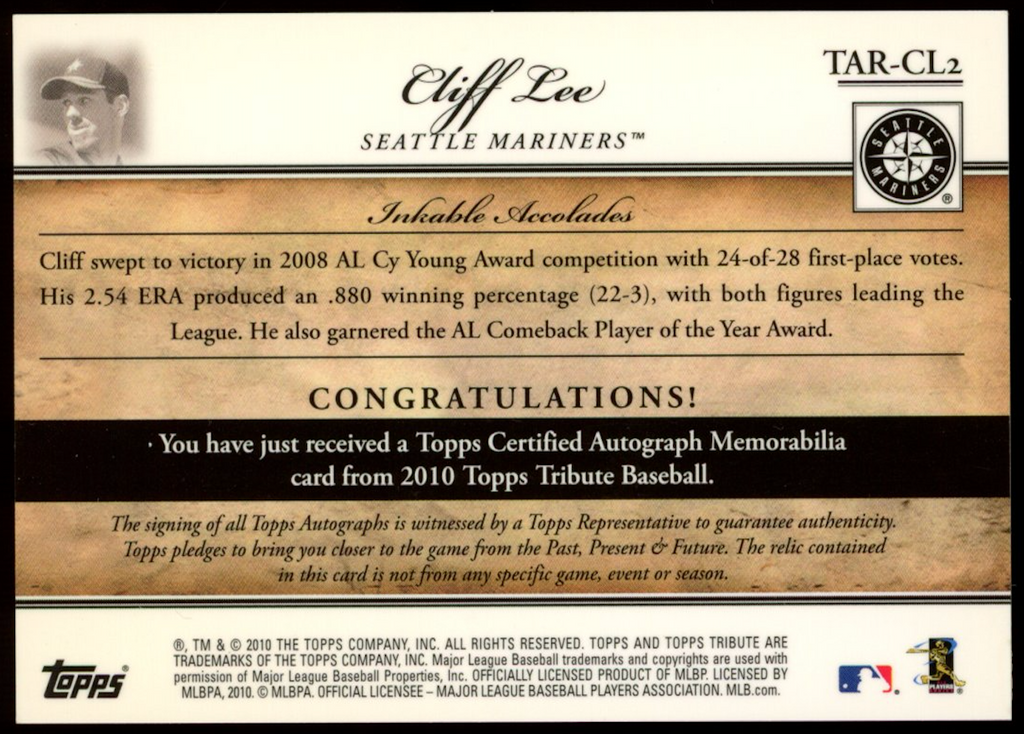 CLIFF LEE 2010 Topps Tribute Certified Relic Patch Auto /75 Mariners #TAR-CL2