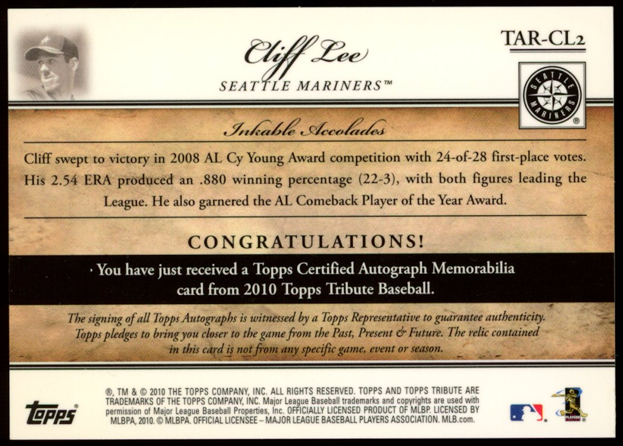 CLIFF LEE 2010 Topps Tribute Certified Relic Patch Auto /75 Mariners #TAR-CL2
