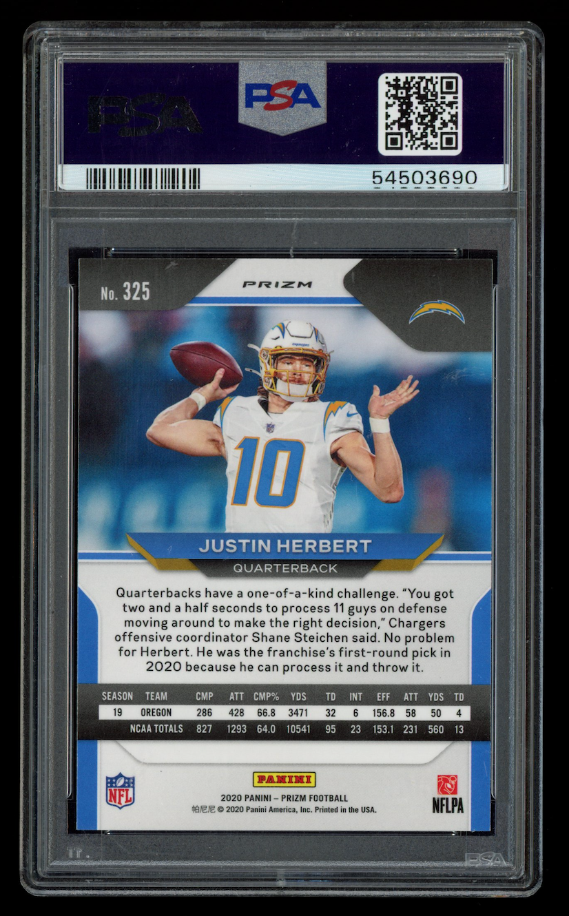 JUSTIN HERBERT 2020 Panini Prizm Rookie Orange Disco Prizm #325 PSA 10 Chargers