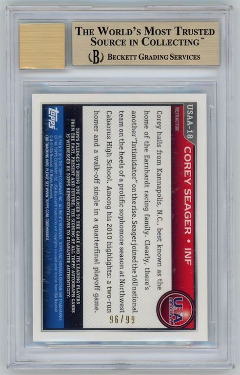 COREY SEAGER 2010 Bowman Chrome Draft Blue Refractor Auto /99 BGS 9.5 GEM MINT