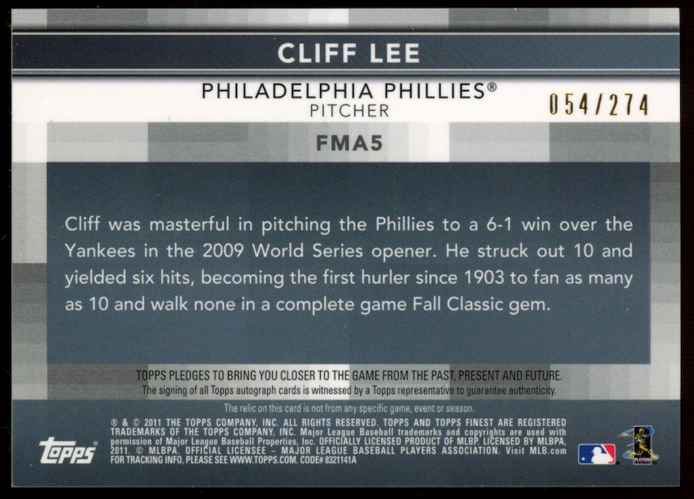 CLIFF LEE 2011 Topps Finest Moments Relic Patch Auto /274 Phillies #FMA5