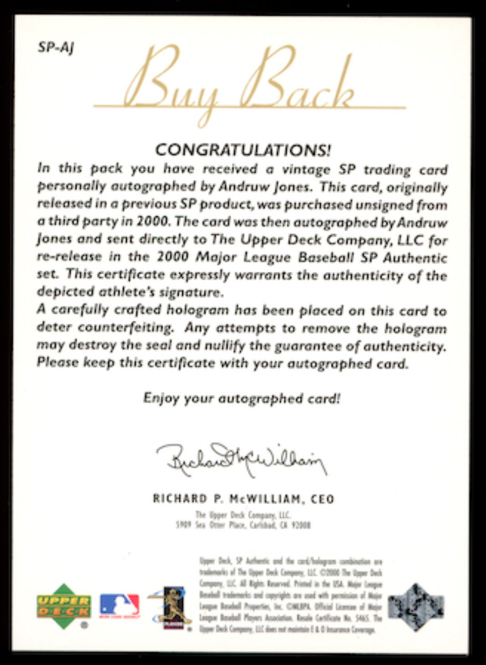 ANDRUW JONES 2000 Upper Deck SP Authentic 1998 Buyback Auto /56 #46 Braves