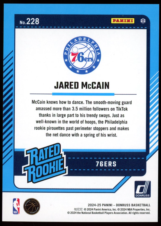 JARED MCCAIN 2024-25 Panini Donruss Blue Fireworks Rated Rookie /85 #228 76ers