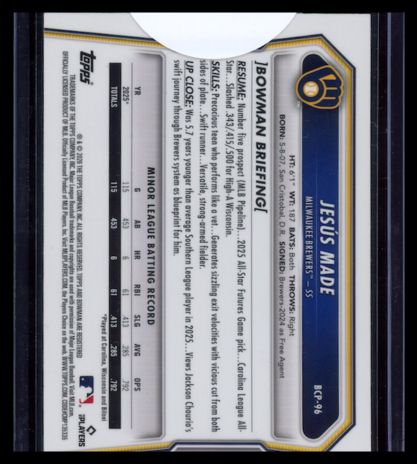 JESUS MADE 2026 Bowman Chrome Prospect Packfractor /89 #BCP-96 Brewers