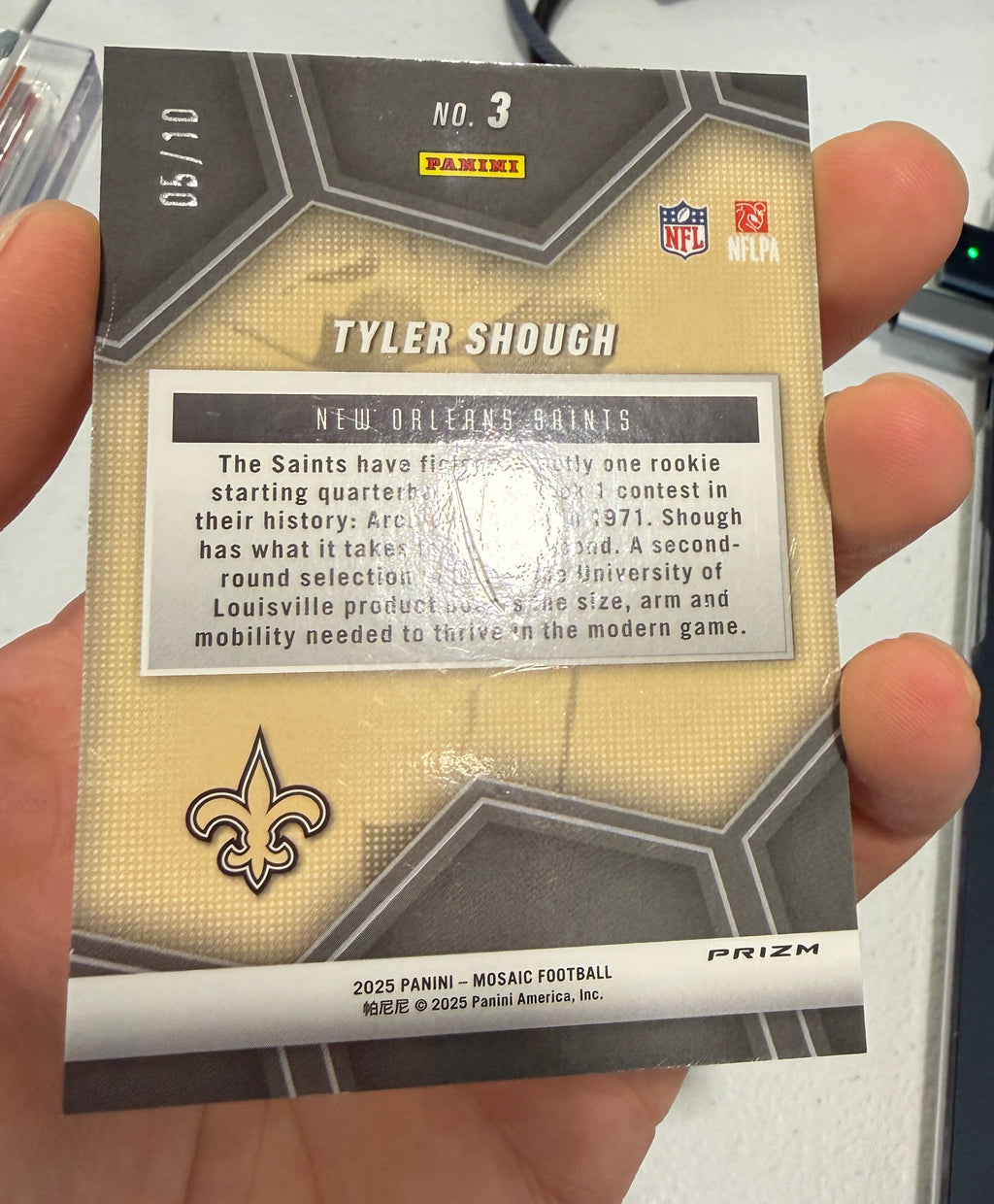 TYLER SHOUGH 2025 Panini Mosaic Overdrive Gold Prizm Rookie /10 #3 Saints