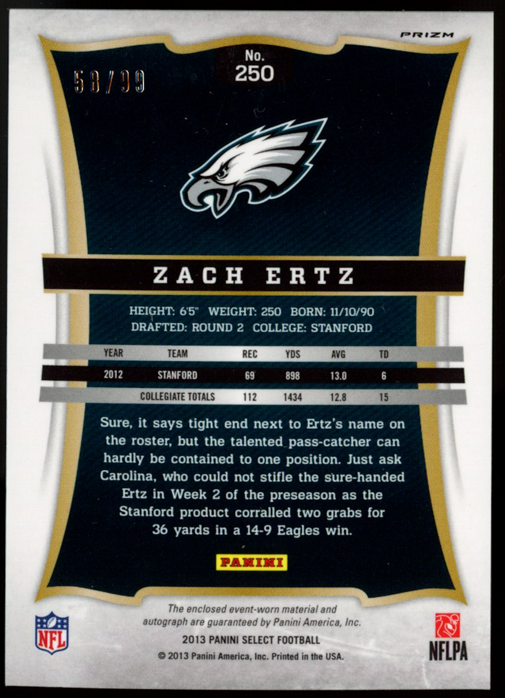 ZACH ERTZ 2013 Panini Select Rookie Patch Auto Silver Prizm /99 #250 Eagles