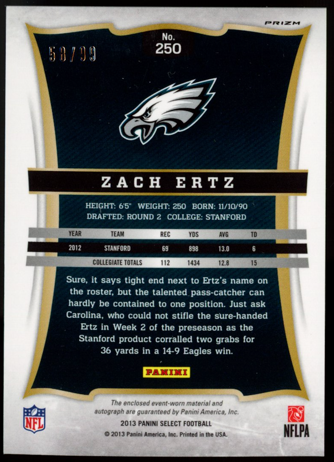 ZACH ERTZ 2013 Panini Select Rookie Patch Auto Silver Prizm /99 #250 Eagles