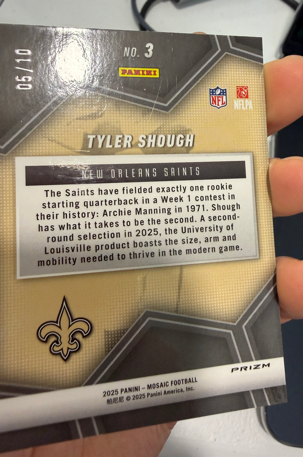 TYLER SHOUGH 2025 Panini Mosaic Overdrive Gold Prizm Rookie /10 #3 Saints