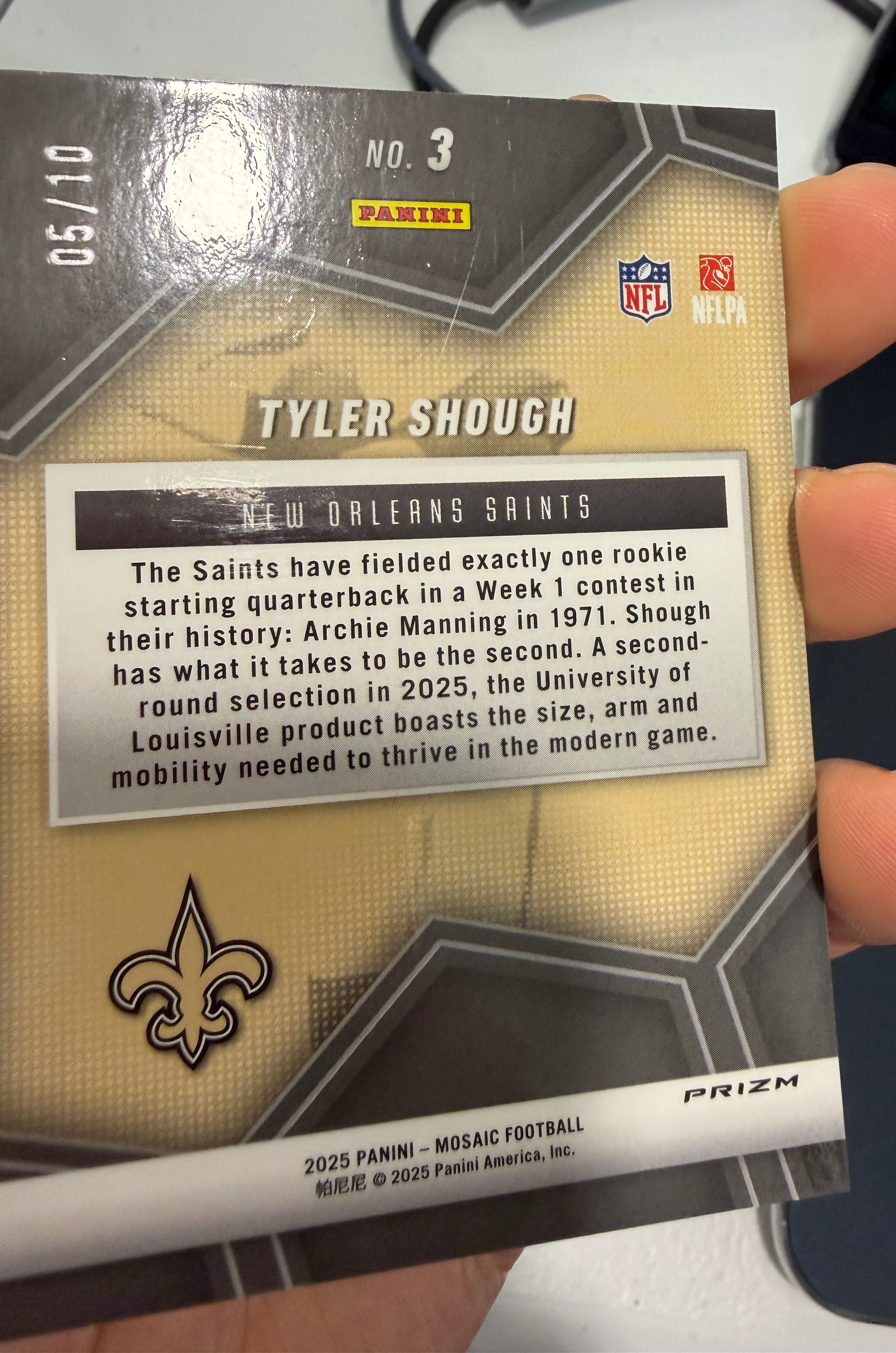 TYLER SHOUGH 2025 Panini Mosaic Overdrive Gold Prizm Rookie /10 #3 Saints