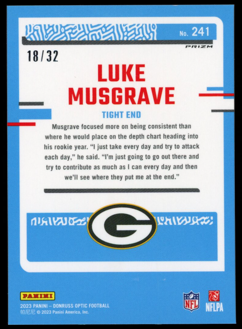 LUKE MUSGRAVE 2023 Panini Donruss Optic Rated Rookie Shield Prizm /32 Packers