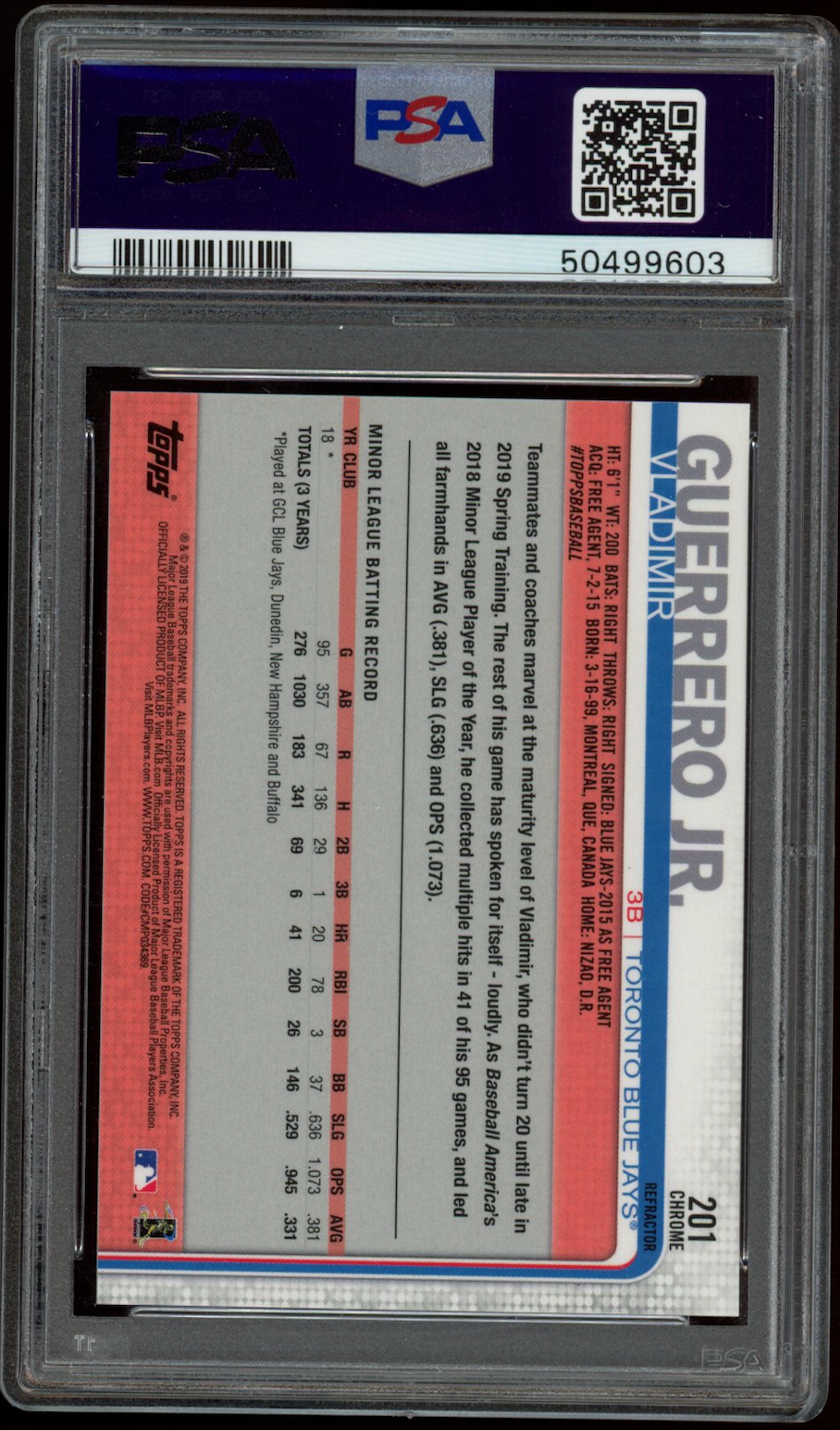 VLADIMIR GUERRERO JR 2019 Topps Chrome Rookie Refractor #201 PSA 10 Blue Jays