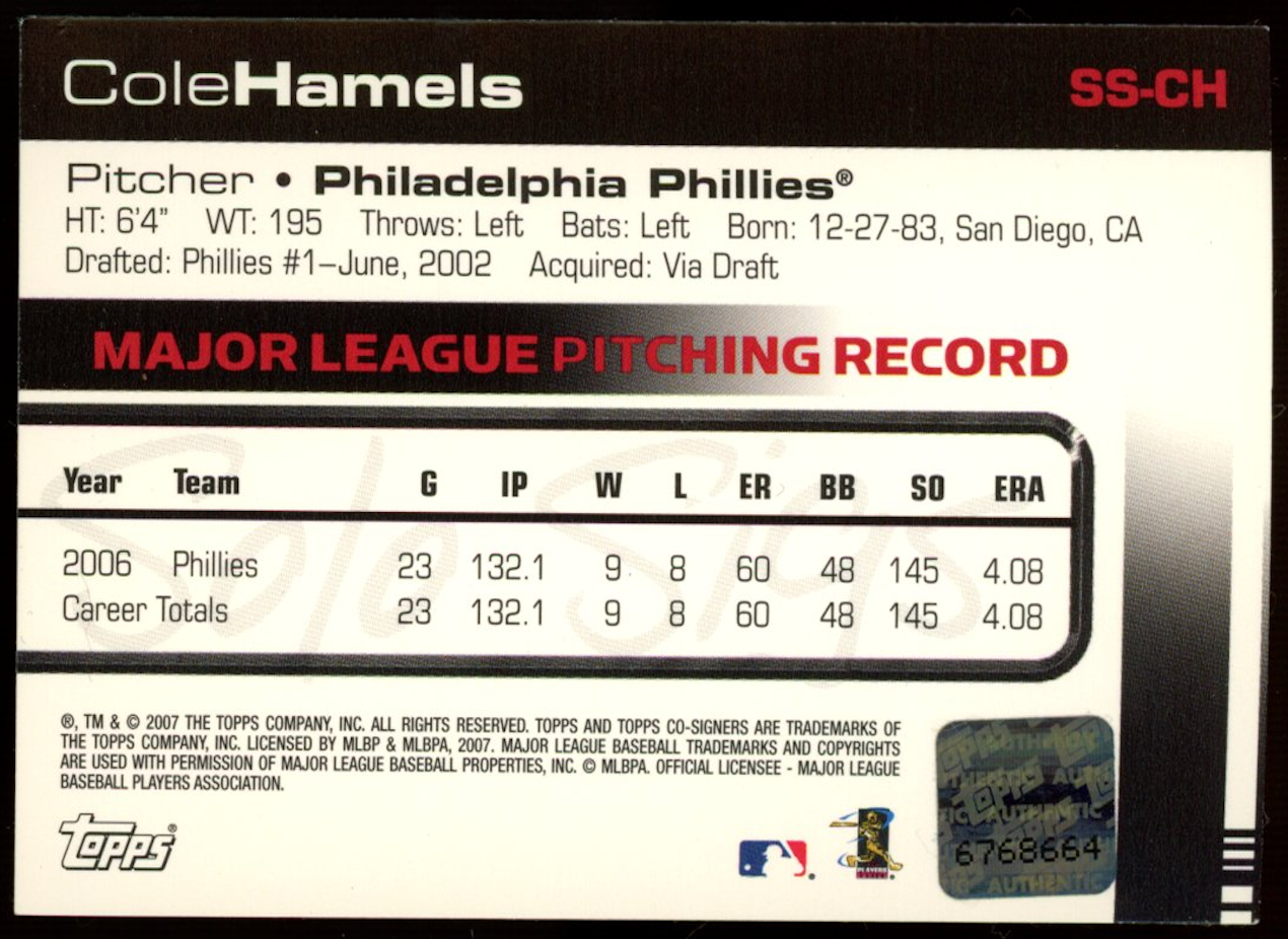 COLE HAMELS 2007 Topps Co-Signers Solo Sigs Auto #SS-CH Philadelphia Phillies