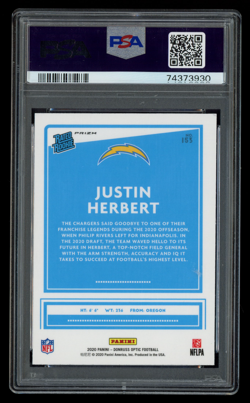 JUSTIN HERBERT 2020 Donruss Optic Rated Rookie Purple Shock Prizm #153 PSA 10