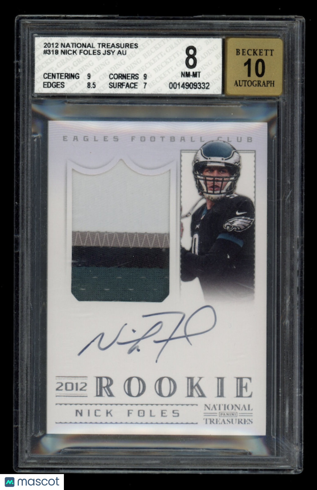 NICK FOLES 2012 Panini National Treasures Rookie Patch Auto /99 #318 BGS 8 A 10