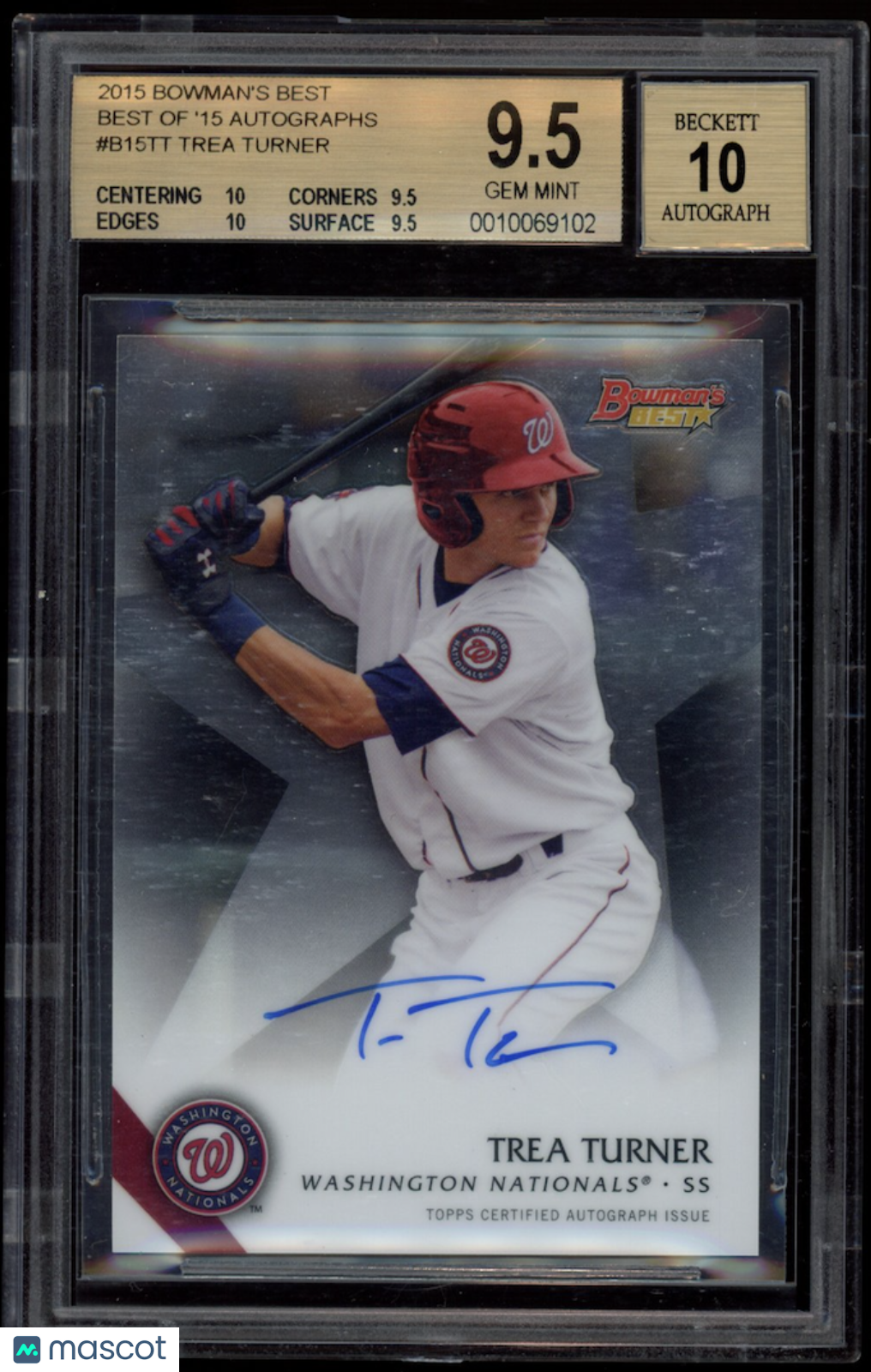 TREA TURNER 2015 Bowman's Best of '15 Auto #B15TT BGS 9.5 Auto 10 Nationals