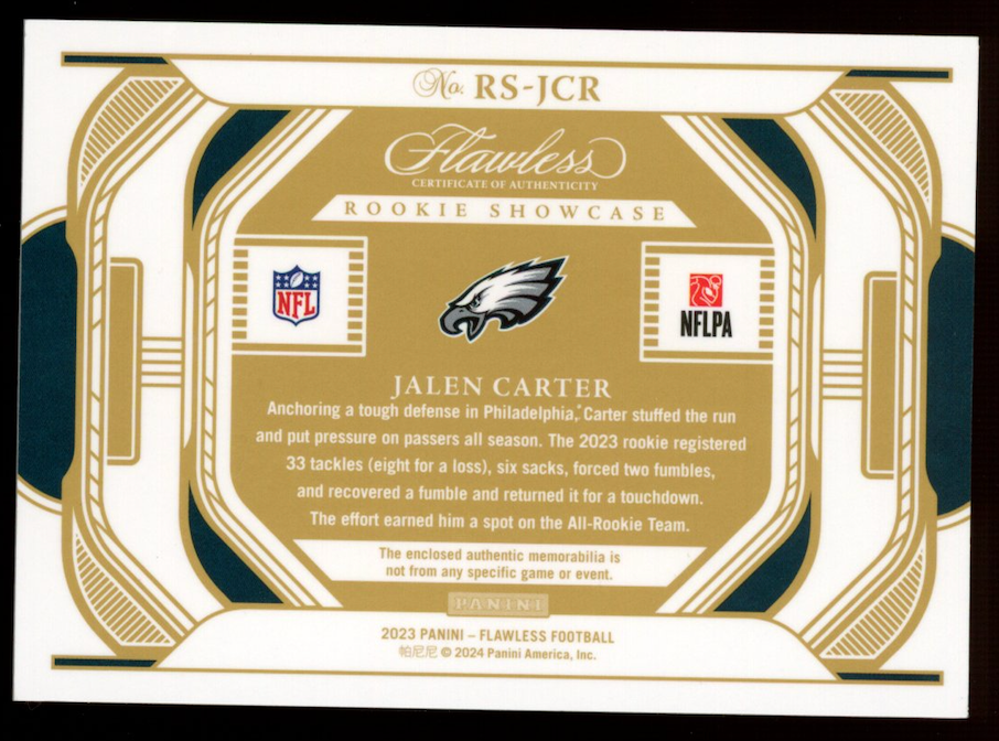JALEN CARTER 2024 Panini Flawless Rookie Showcase Quad Patch Sapphire /10 Eagles