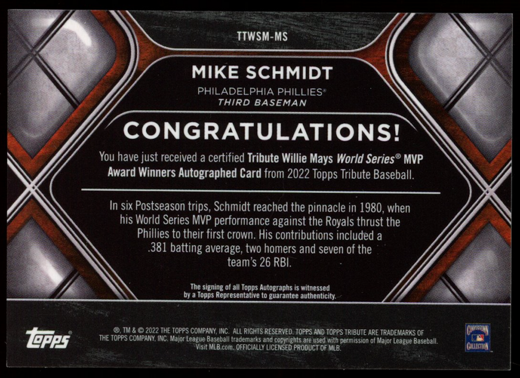 MIKE SCHMIDT 2022 Topps Tribute Willie Mays World Series MVP Auto /50 Phillies