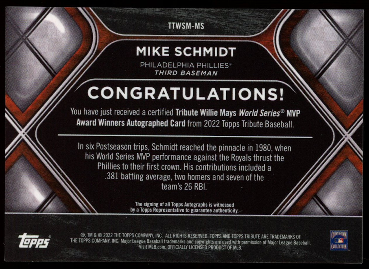 MIKE SCHMIDT 2022 Topps Tribute Willie Mays World Series MVP Auto /50 Phillies