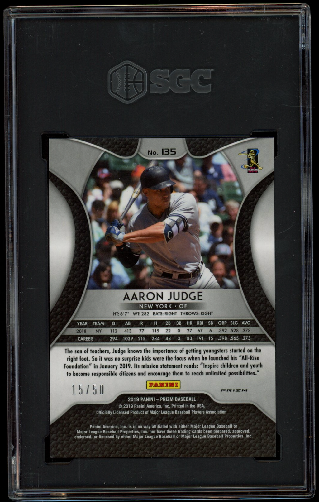 AARON JUDGE 2019 Panini Prizm Snake Skin /50 #135 SGC 10 New York Yankees