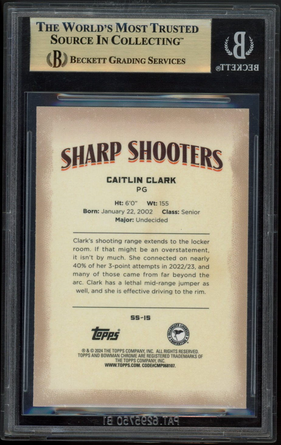 CAITLIN CLARK 2023-24 Bowman Chrome University Sharp Shooters #SS15 BGS 9.5 Iowa
