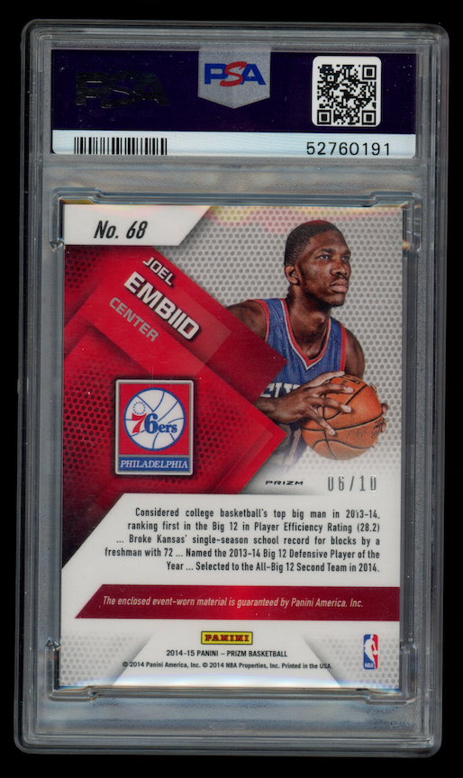 JOEL EMBIID 2014-15 Panini Prizm RC Jersey Patch Blue Mojo Prime /10 #68 PSA 9