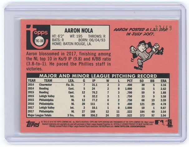 AARON NOLA 2018 Topps Heritage Chrome Black Refractor /69 Phillies #THC-188