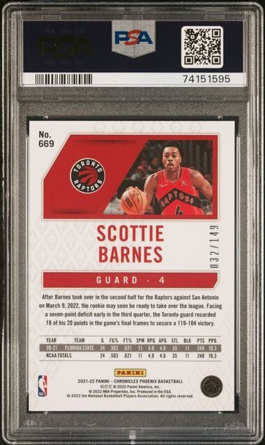 Scottie Barnes 2021-22 Panini Chronicles Phoenix Red /149 Rookie PSA 10 Raptors