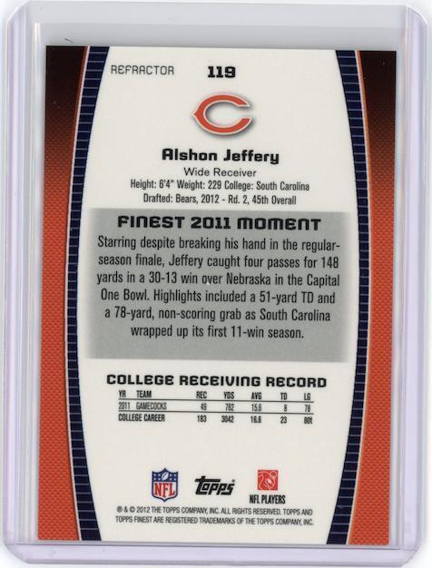 ALSHON JEFFERY 2012 Topps Finest Gold Refractor Rookie /50 Bears #119