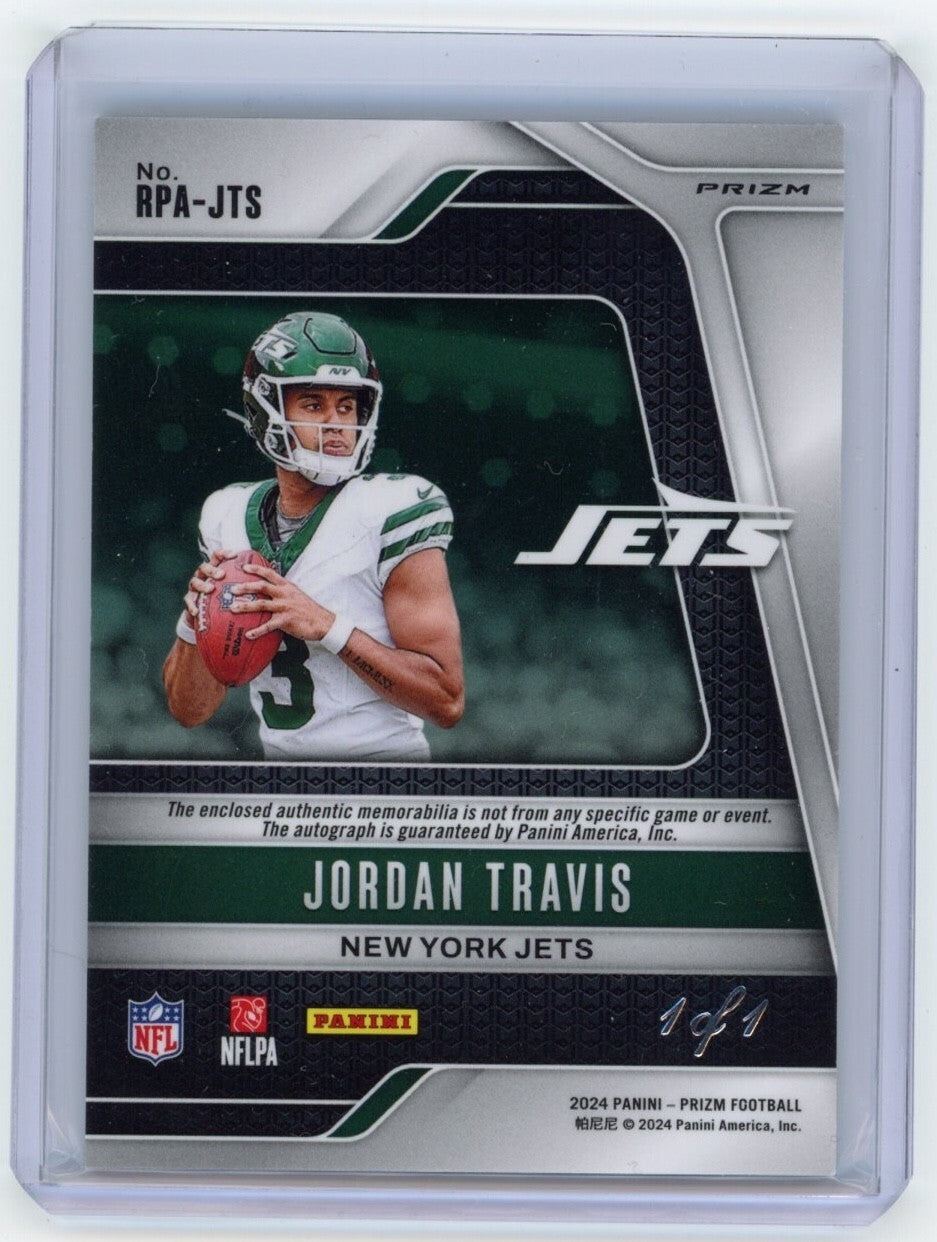 Jordan Travis 2024 Panini Prizm Rookie Patch Auto Black Finite 1/1 Jets RPA