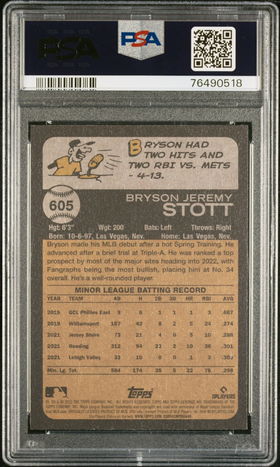 BRYSON STOTT 2022 Topps Heritage Chrome Purple Hot Box Refractor Rookie PSA 10