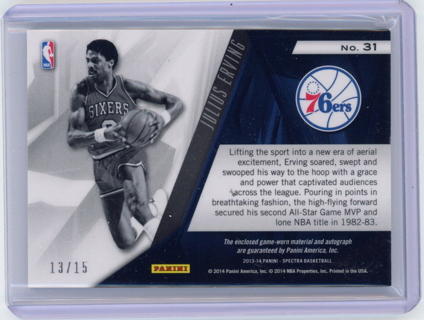 JULIUS ERVING 2013-14 Panini Spectra Indelible Ink Patch Auto /15 76ers #31