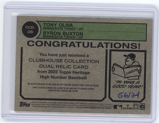 TONY OLIVA BYRON BUXTON 2023 Topps Heritage Dual Jersey Relic /74 Twins #CCDDB