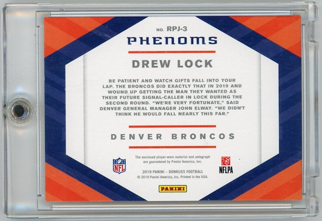 DREW LOCK 2019 Donruss Rookie Phenoms Patch Auto /99 Giants Autograph RPJ-3