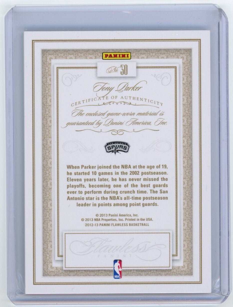 TONY PARKER 2012-13 Panini Flawless Game Used Worn Patch Ruby /15 Spurs #30