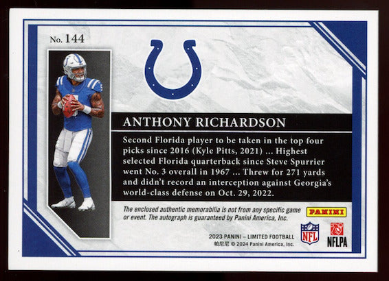 ANTHONY RICHARDSON 2023 Panini Limited Rookie Jumbo Patch Auto Ruby /35 Colts