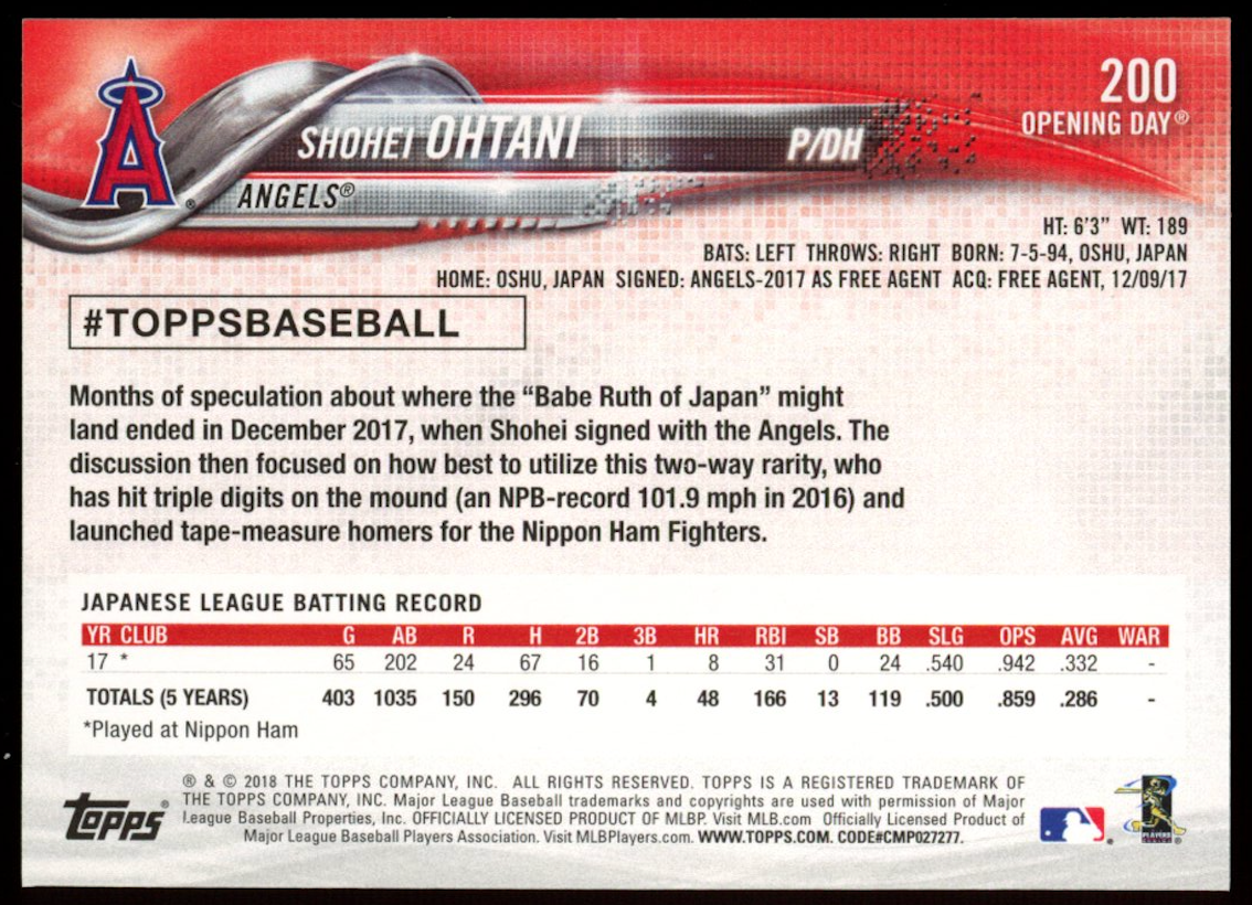 SHOHEI OHTANI 2018 Topps Opening Day Rookie Card #200 Los Angeles Angels