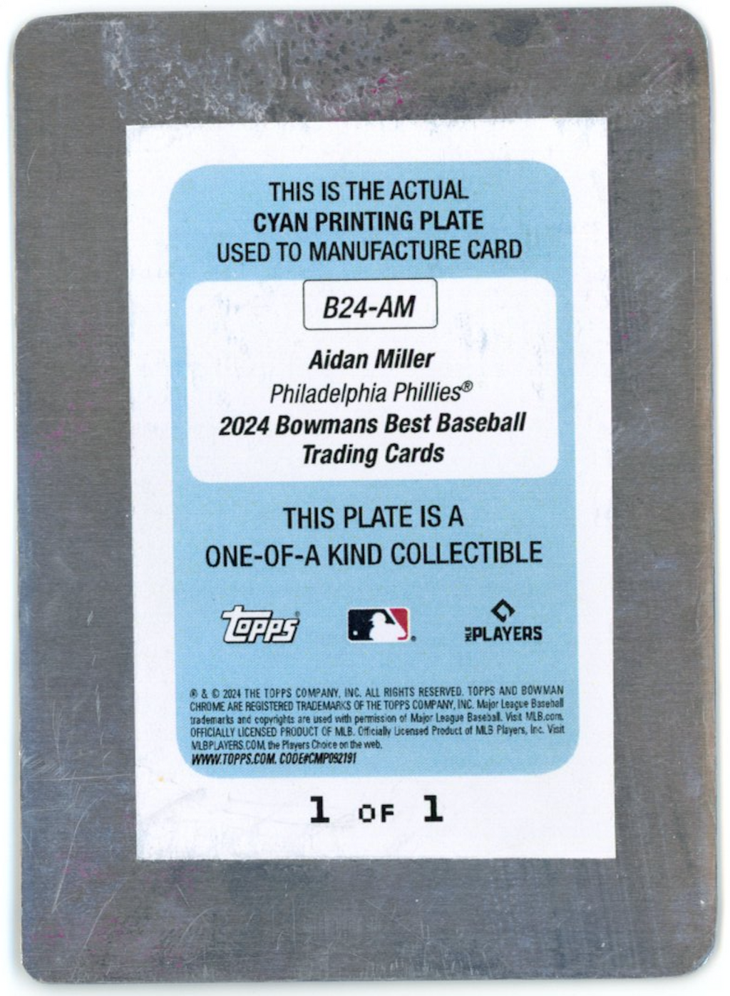 AIDAN MILLER 2024 Bowman's Best Cyan Printing Plate Prospect Auto 1/1 Phillies
