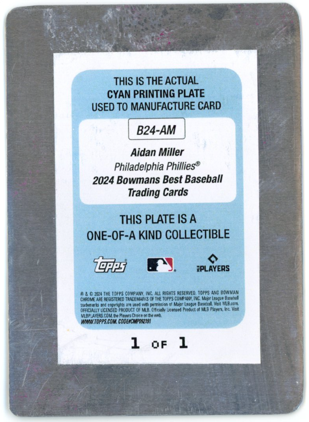 AIDAN MILLER 2024 Bowman's Best Cyan Printing Plate Prospect Auto 1/1 Phillies