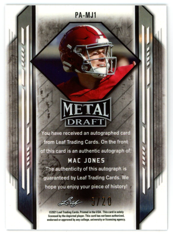 MAC JONES 2021 Leaf Metal Draft Purple Prismatic Rookie Auto /20 PA-MJ1 49ers